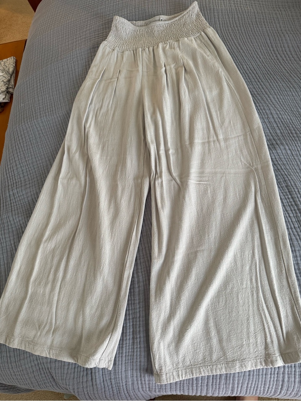 Light Gray Linen Blend Smocked Wide Leg Pants Medium NWOT